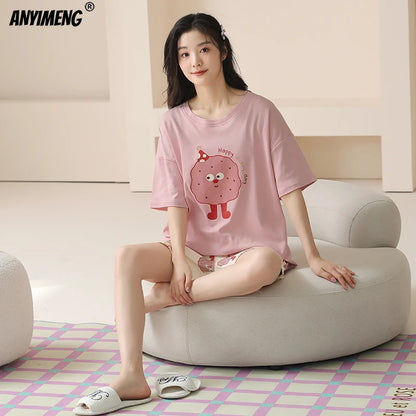 100% Pure Cotton Women Pajamas Summer Cartoon Print Pijamas Girls Nightwear Homewear Short Sleeve Sleepwear O-neck Loungewear