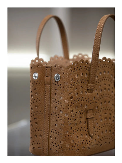 New Advanced Leather Tote Shopping Bag Wave Hollow out Basket Retro Suede Single Shoulder Slant Cross Mother Baby Bag