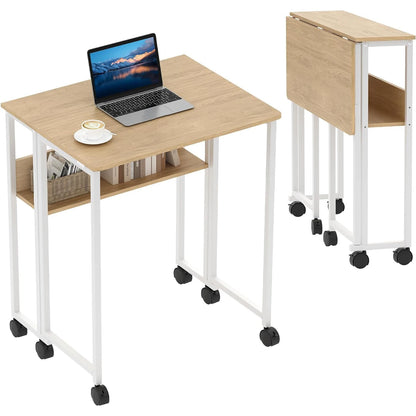 Black Folding Rolling Desk Space Saving with Laptop Table Storage Shelf Sturdy Frame Mobile Workstation Sofa Table with Wheels