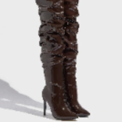 Sharp Pointed Patent Leather Fashionable Women's Boots Model Walking High Heels Boots Brown High Top Knee Size