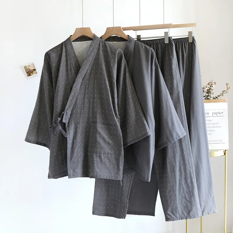 Kimono Robes Pajamas Set for Spring Autumn and Summer Thin Men's Cotton Loose Fit Large Size Half Sleeve Sleepwear Set