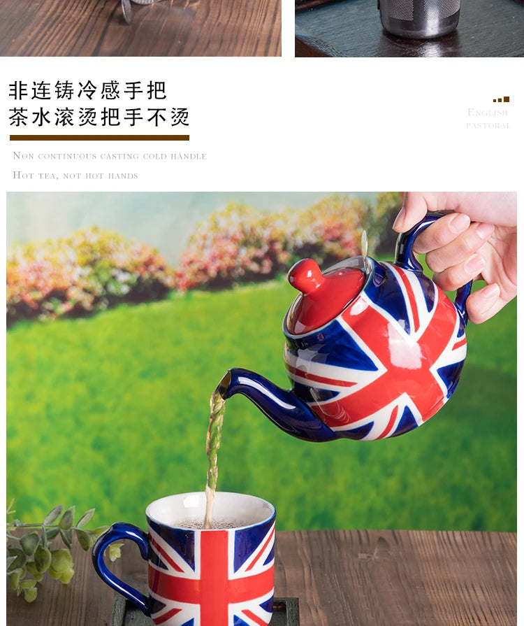 London Pottery Hand-painted flag Series 2 Cup Teapot British 600ml Ceramic Teapot with Stainless Infuser for Loose Tea Tea Set
