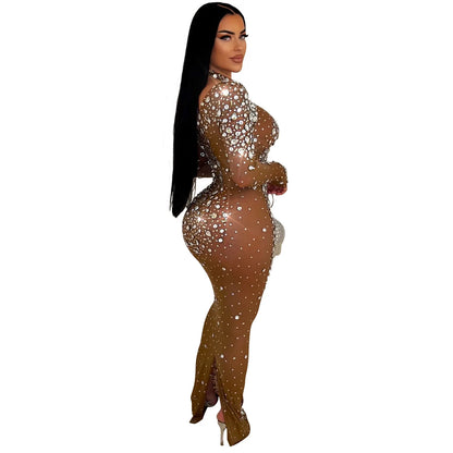 Party Dress Women Floor Length Dresses Vestidos Hot Drilling Evening Bodycon Square Collar Prom High Waist Evening Night 2025