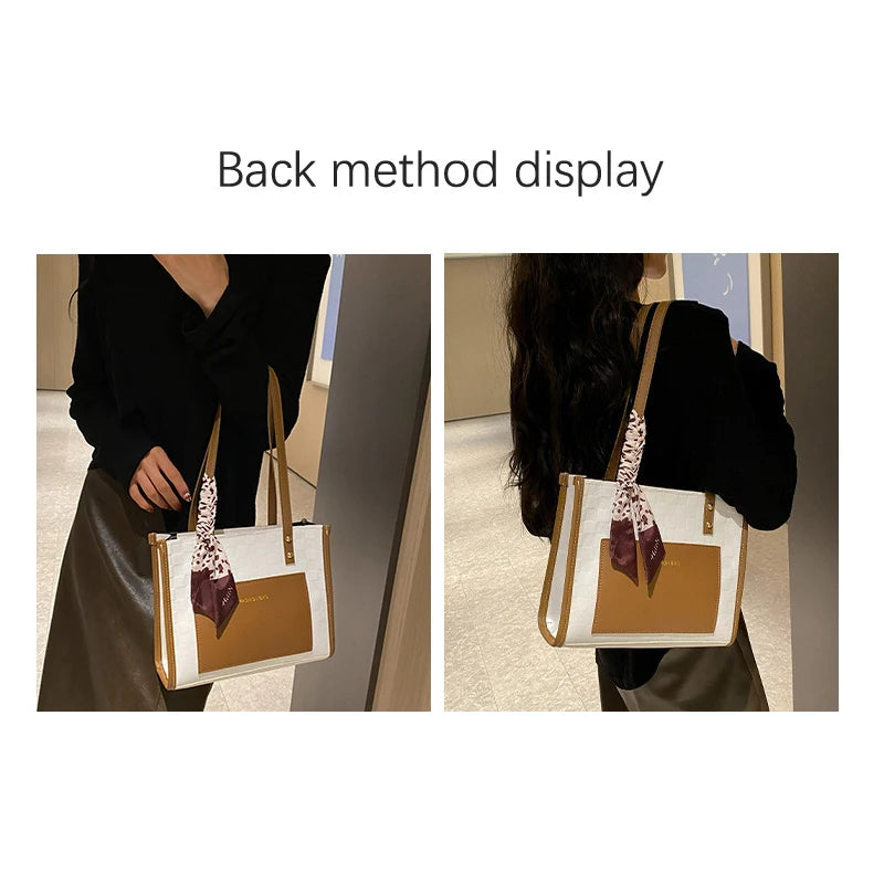 Patchwork Contrast Color Handbag Women's Casual Fashion Tote Bag Large Capacity Single Shoulder Bag Women's Silk Scarf Bag