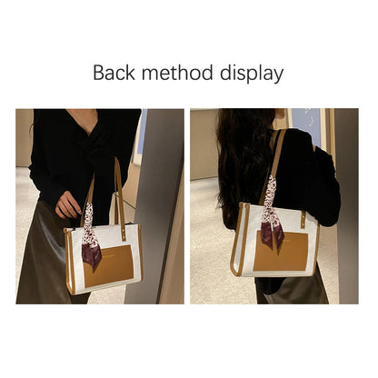 Patchwork Contrast Color Handbag Women's Casual Fashion Tote Bag Large Capacity Single Shoulder Bag Women's Silk Scarf Bag