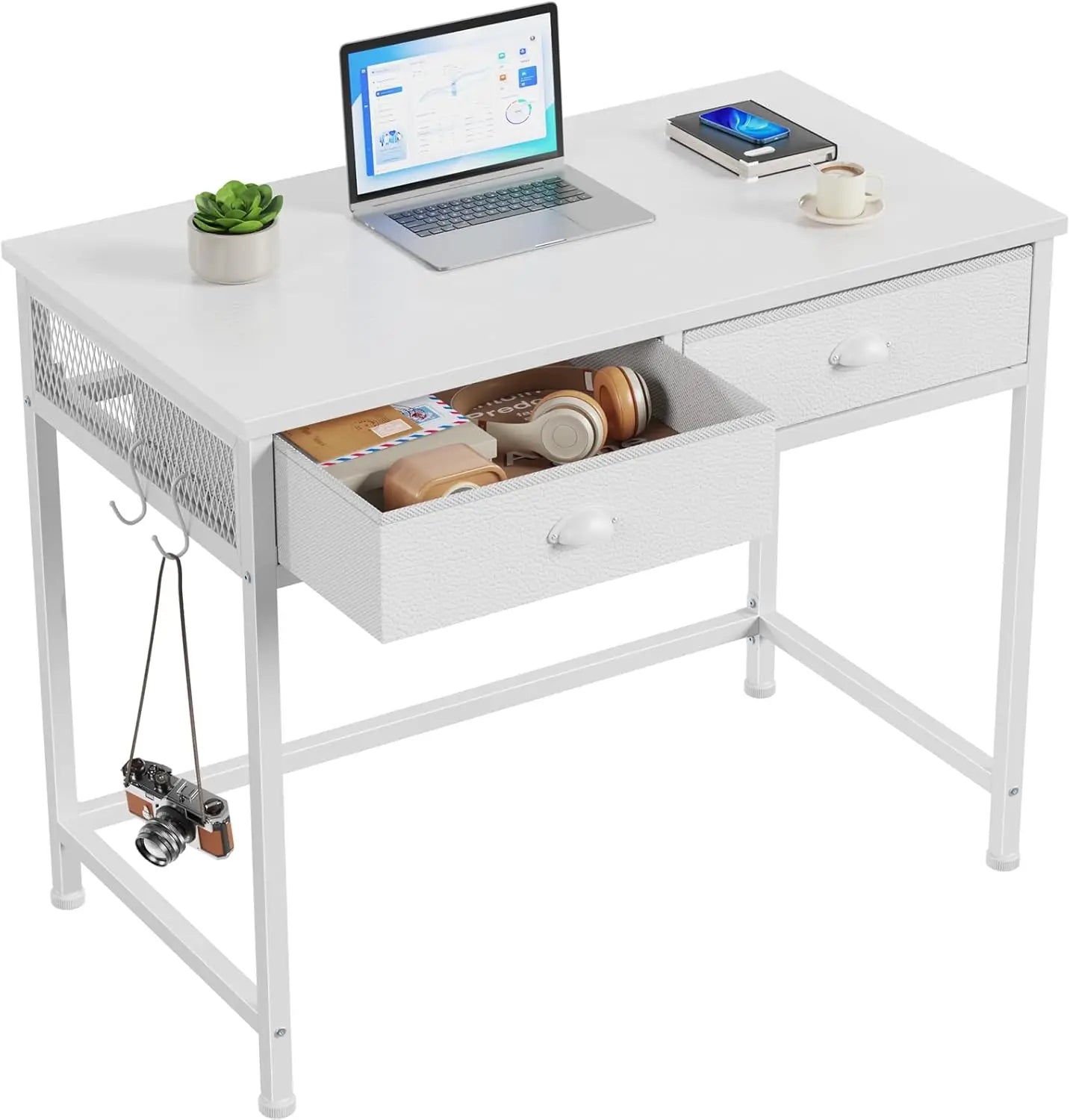 White Small Computer Desk with 2 Fabric Drawers, 34 Inch Home Office Writing Vanity Study Table for Adults Students