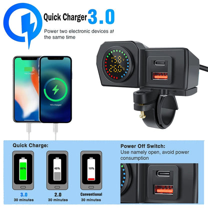 60W QC3.0+PD Motorcycle Handlebar & Rear Mirror With Digital Voltmeter Thermometer USB Socket Fast Charger Phone Power Adapter