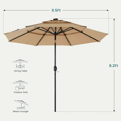 JHK 10FT 3-Tier Patio Outdoor Umbrella with Solar 32 LED Lights Tilting Table Umbrella with 8 Sturdy Ribs for Garden Backyard