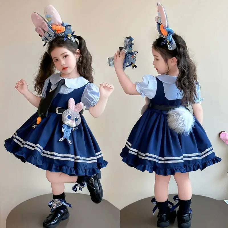 Judy Officer Costumes Short-Sleeved Lolita Dress Girls Halloween Carnival Cosplay Rabbit Fancy Dress Birthday Gift for Girls