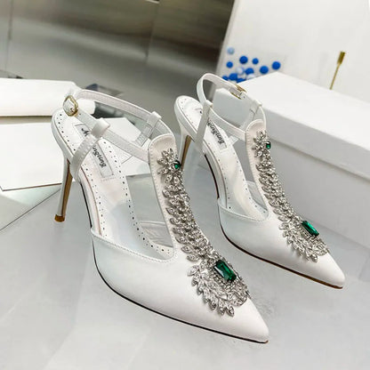 Ladies Wedding Shoes Rhinestone Pointed Toe High Heels Satin Gemstone Stiletto Sandals 2022 New Baotou Fairy Pump Wedding Shoes