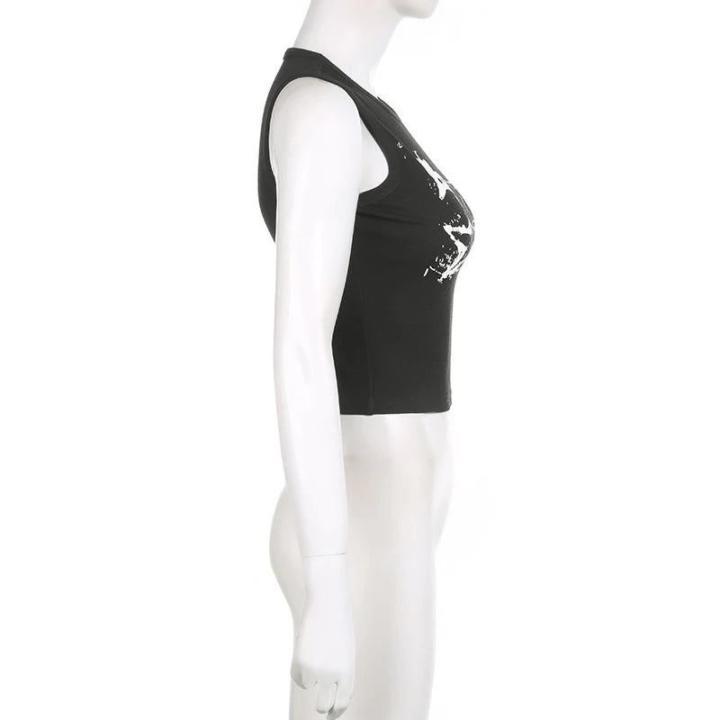 Guitar Print Sleeveless Tank Top Y2K Casual Ribbed Women Grunge Crop Top Harajuku Fashion Vest Tee 90s Street Outfits