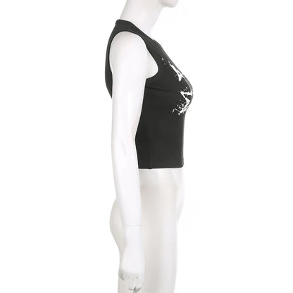 Guitar Print Sleeveless Tank Top Y2K Casual Ribbed Women Grunge Crop Top Harajuku Fashion Vest Tee 90s Street Outfits