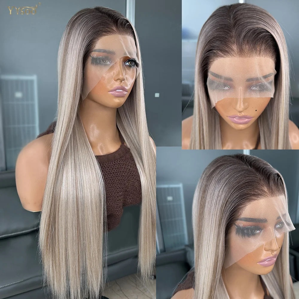 Long Heat Resistant 13x6 Synthetic Lace Front Wig Japan Futura Hair Ombre Highlights Silky Straight Hair Pre Plucked Hairline