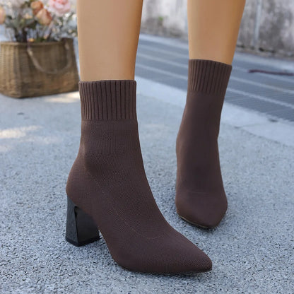 Women Fashion Ankle Boots Autumn Pointy Solid Color Stretch Knitted Sock Boots Women Chunky Slip on Plus-size Shoes for Women