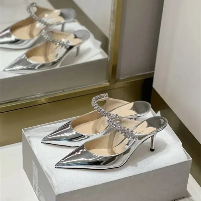 2025 New Fashionable Fine Heeled Muller Shoes with Pointed Water Diamond Chain Banquet Shallow Mouth Women's High Heel Sandals