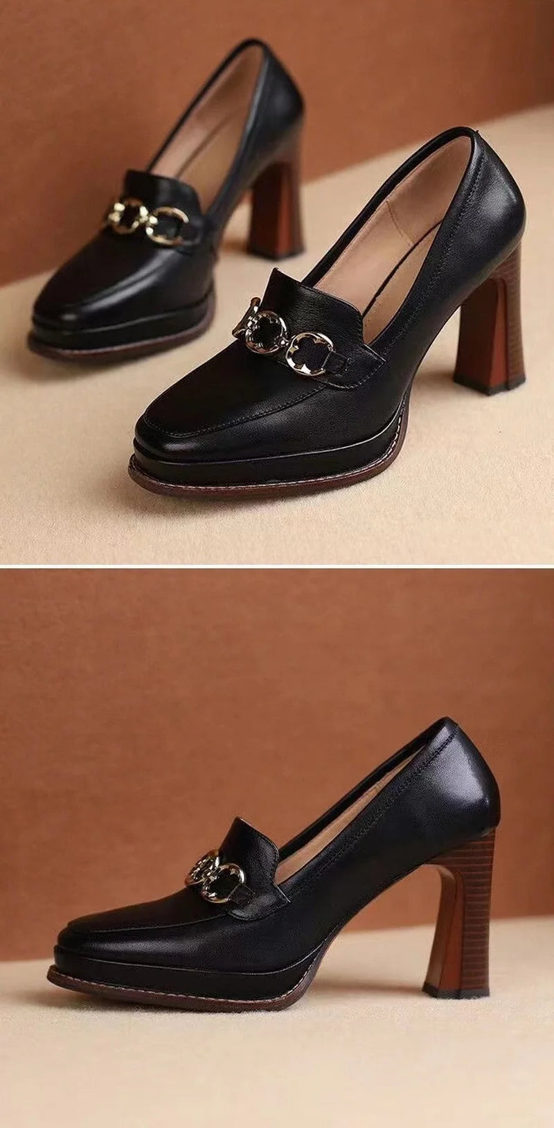 Split Cowhide Leather Shoes,Women Platform Block High Heels,Square Toe, Slip On,Retro Style,Brown,Black,Size 34-39,Dropship