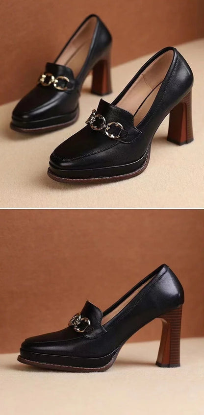 Split Cowhide Leather Shoes,Women Platform Block High Heels,Square Toe, Slip On,Retro Style,Brown,Black,Size 34-39,Dropship