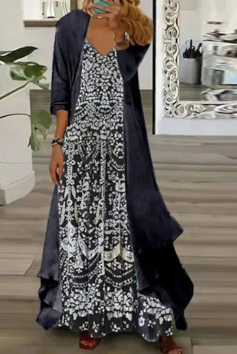 New 2025 Women's Floral Print Dress Two-Piece Set Inner Wear Polyester Fiber Short Sleeve Ankle-Length Regular Waistline