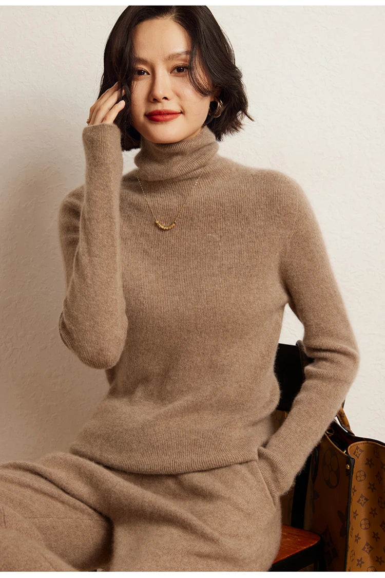 100% cashmere sweater women's knitted pullover sweater high neck solid color slim fit soft cashmere basic women's sweater