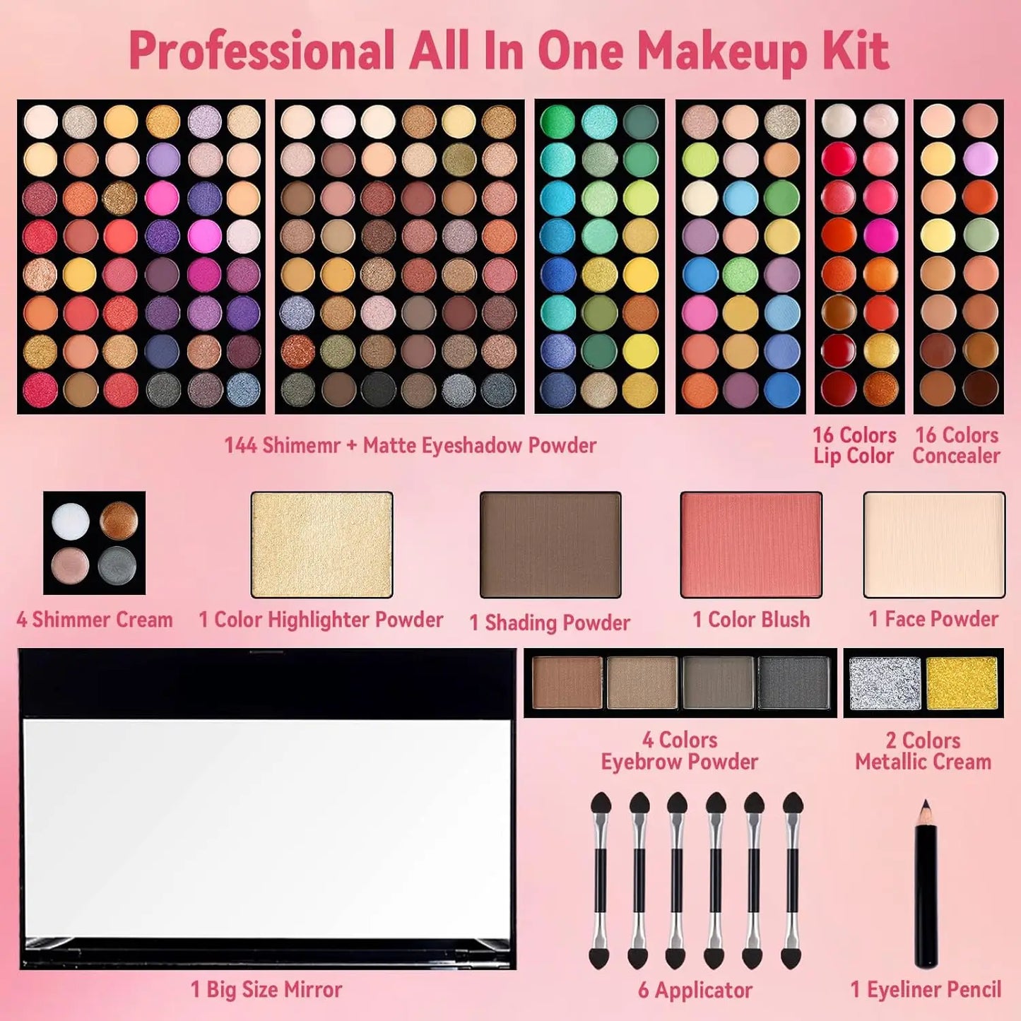 190-color professional makeup palette, eyeshadow, blush, and eyebrow powder 4-in-1, comes with mirror and a full set of brushes,