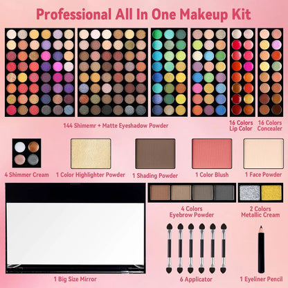 190-color professional makeup palette, eyeshadow, blush, and eyebrow powder 4-in-1, comes with mirror and a full set of brushes,