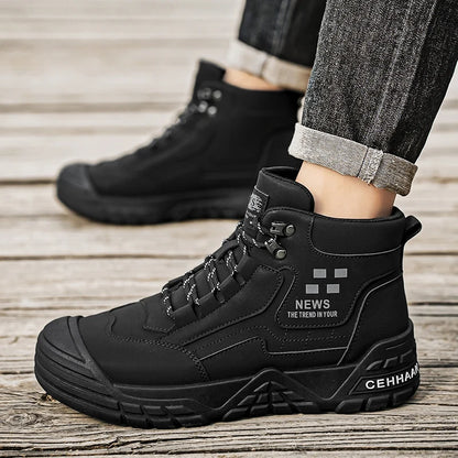Original Black Leather Ankle Boots For Men Outdoor Non-slip Work Boots Men's Motorcycle Boots Platform High Top Bikers Shoes Man