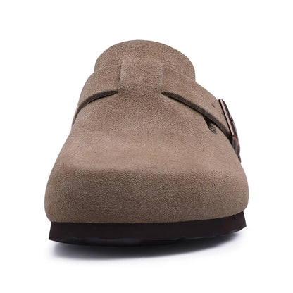 Crestar Women's Suede Clogs Lady Fashion Buckle Leather Mules Comfort Cork Footbed Potato Shoes with Arch Support Beach Sandal