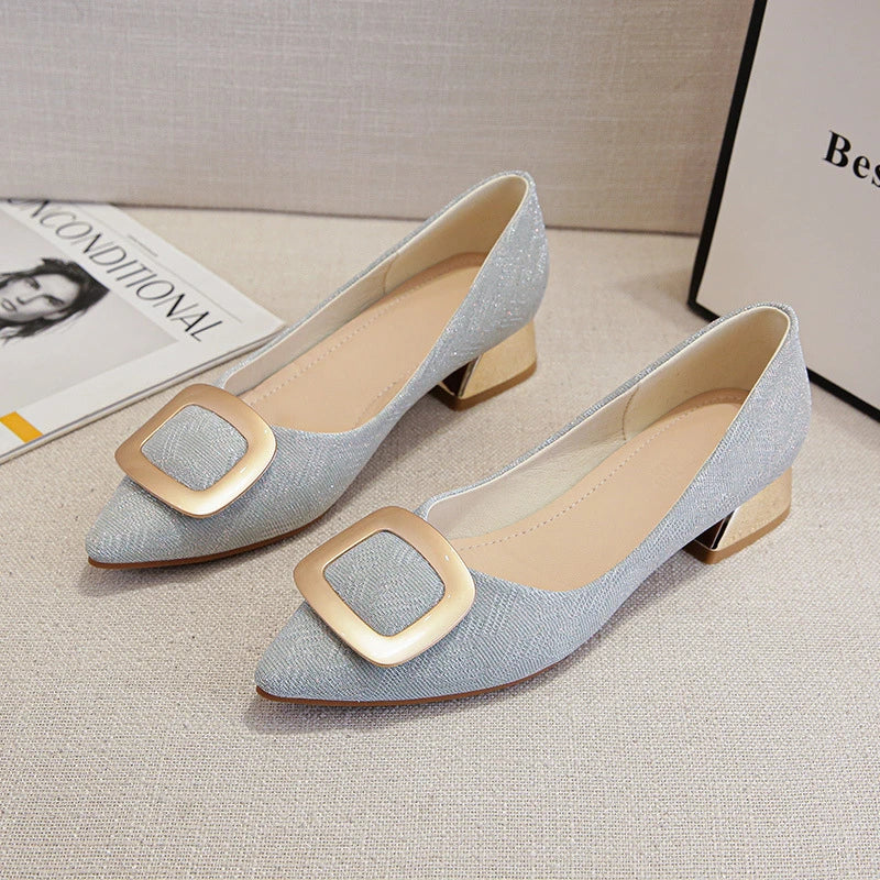 Womens Light Blue Glitter Pointed Toe Block Heel Pumps With Gold Square Buckle Detail Metallic Heel Elegant Dress Shoes Ladies