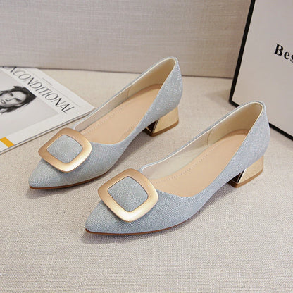 Womens Light Blue Glitter Pointed Toe Block Heel Pumps With Gold Square Buckle Detail Metallic Heel Elegant Dress Shoes Ladies