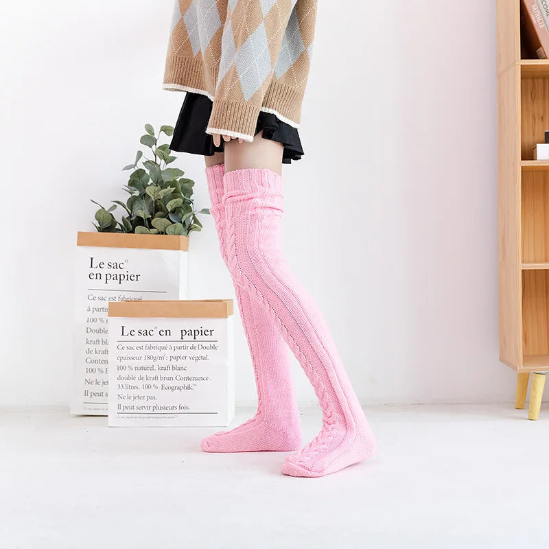 Women Winter Warm Breathable Long Johns Mohair Knee Length Knitted Wool Stretch High Sockings Femboy Leg Warmers Kawaii Clothes