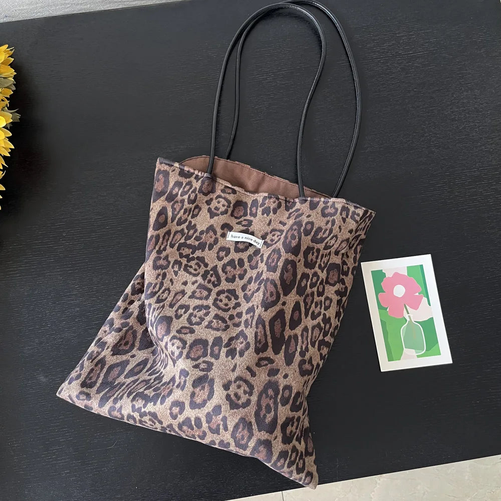 Vintage Faux Suede Women's Leopard Shoulder Bags PU Strap Double Side Female Purse Handbags Fall Winte Canvas Tote Underarm Bag