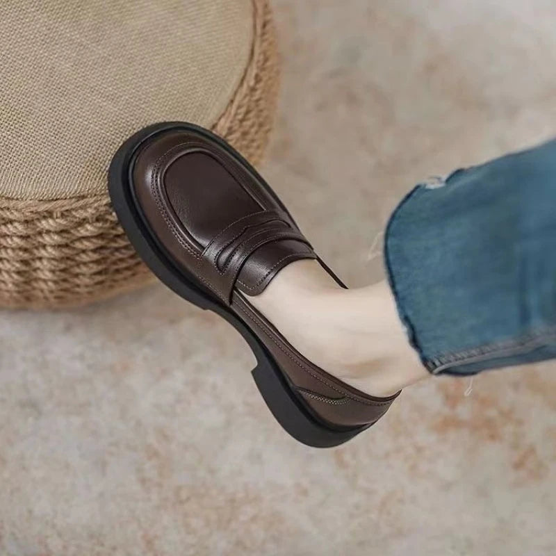 Women Black/Reddish Brown Platform Loafers Round Toe Chunky Sole Slip On Penny Loafers Comfortable Casual Office Shoes