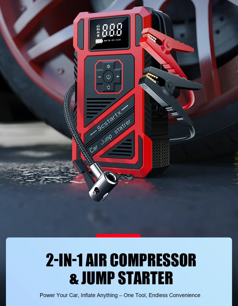 Portable 150PSI air pump, emergency car jump starter, power bank, LED lighting, air compressor,car starter suitable for all cars