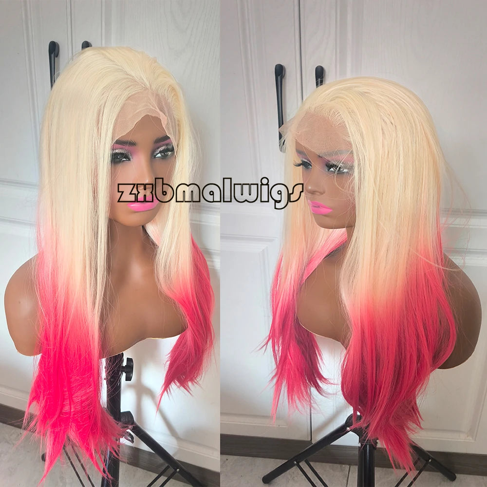 Synthetic Hair Ombre Blonde To Red  Straight Pre Plucked 13x4 Lace Front Wigs for Black Women Glueless Cosplay Daily Wear Wigs