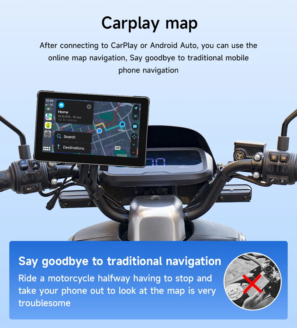 7-inch motorcycle navigation screen, Ipx 6, 1024 x 600, wireless automatic monitor, Android, Apple Carplay