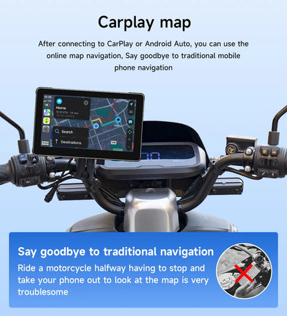 7-inch motorcycle navigation screen, Ipx 6, 1024 x 600, wireless automatic monitor, Android, Apple Carplay