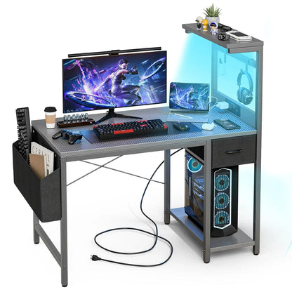 Gaming Desk 55 Inch with Power Outlet and LED Light, Computer Desk with Reversible Shelves and Storage Drawer, Pc, Customized