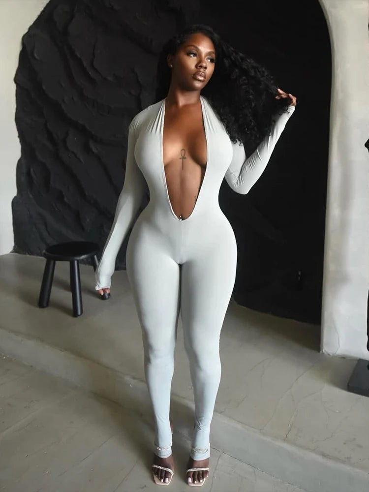 Nibber Backless Jumpsuit Women Deep v-Neck Long Sleeve Solid Skinny High Stretch Sexy Midnight Coquette Basis Wild Fall Outfits