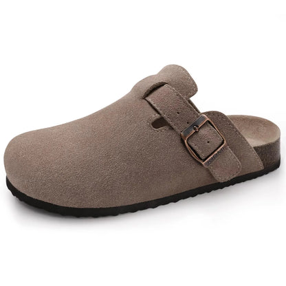 Crestar Women's Suede Clogs Lady Fashion Buckle Leather Mules Comfort Cork Footbed Potato Shoes with Arch Support Beach Sandal