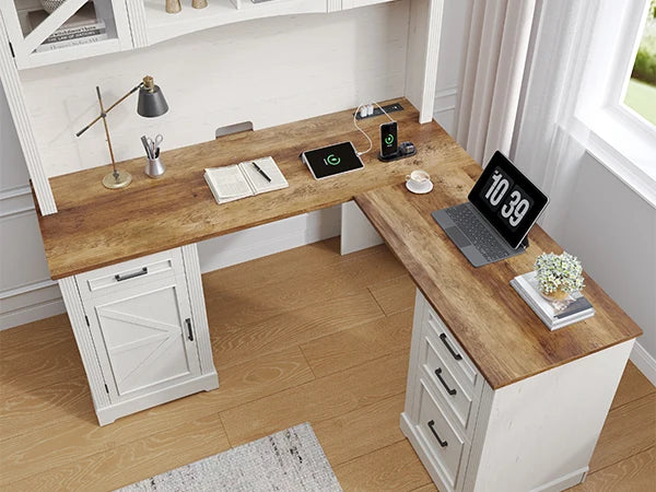 72" L-Shaped Executive Desk with Hutch, Farmhouse Home Office Desk, Wood L Shaped Computer Desks, Withe Computer Workstations
