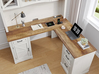 72" L-Shaped Executive Desk with Hutch, Farmhouse Home Office Desk, Wood L Shaped Computer Desks, Withe Computer Workstations