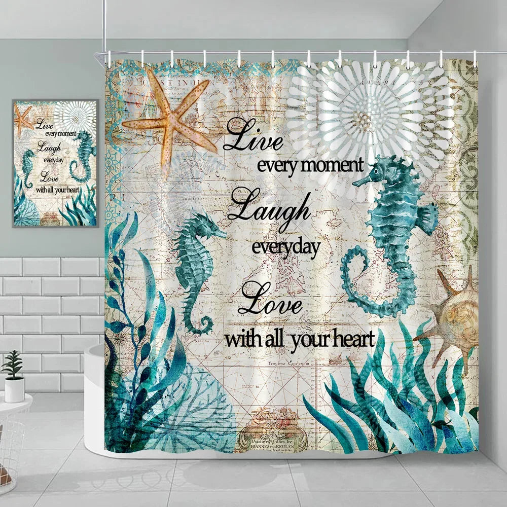 Nautical Green Sea Turtle Beach Theme Fabric Shower Curtain Set Bathroom Blue Ocean Decor with Grommets and Hooks
