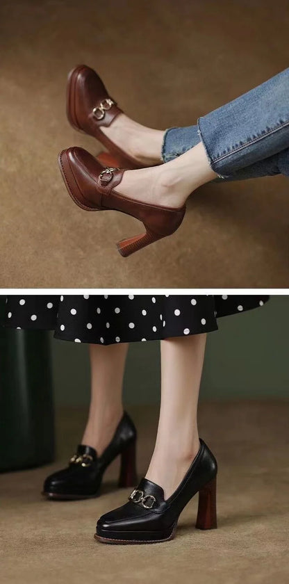 Split Cowhide Leather Shoes,Women Platform Block High Heels,Square Toe, Slip On,Retro Style,Brown,Black,Size 34-39,Dropship