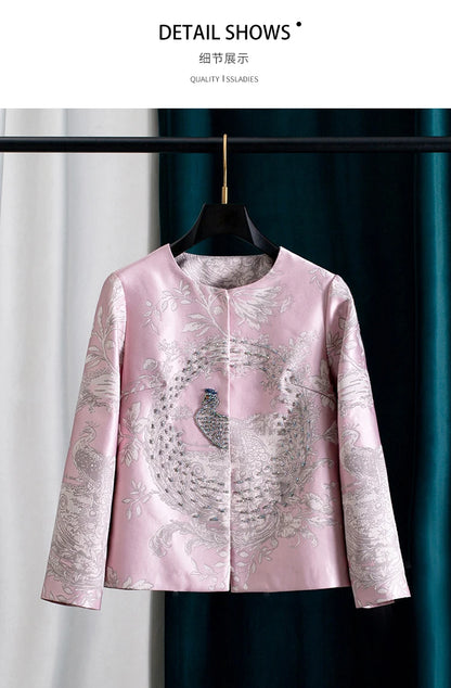 Luxury Beaded Pink Chinese Style Women's Top 2025 Loose Shoulder Embroidery Jacquard Elegant Fashion Blouse Outerwear