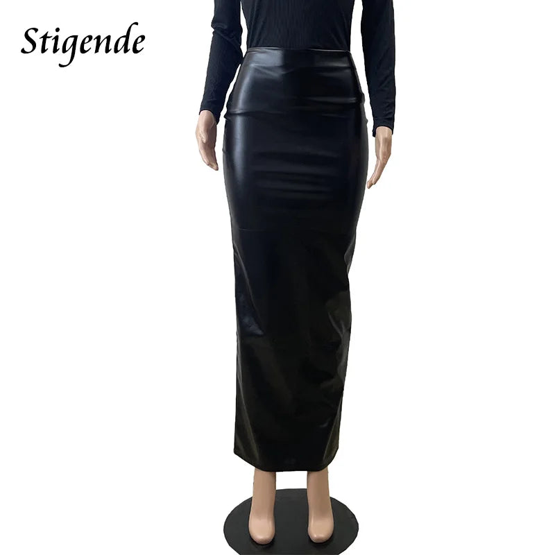 Stigende Women Sexy Pu Leather Full Zipper Long Skirt High Split Black Faux Leather Slim Fit Maxi Skirt