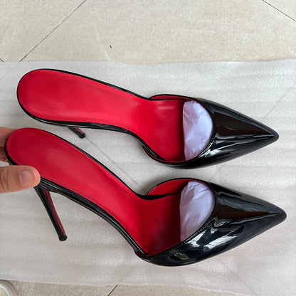 Woman Stilettos 12cm Slipper High Heels Sexy Red inside Sandal Pointed Toe Female Stripper Show Stage Slingback Dress Shoes