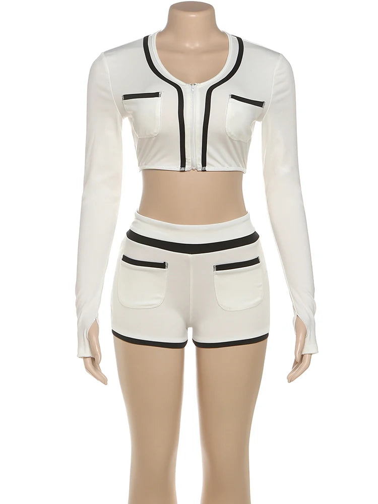 Joskaa 2025 Women's Patchwork Sporty 2 Piece Set Casual Full Sleeve Zip Crop Tops+Shorts Matching Tracksuits Y2k Streetwear