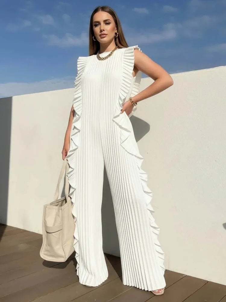 UOOZEE 2026 New Summer Women's Elegant Ruffled Trim Pleated Jumpsuits Loose Sleeveless Wide Leg Party Evening Office Overalls