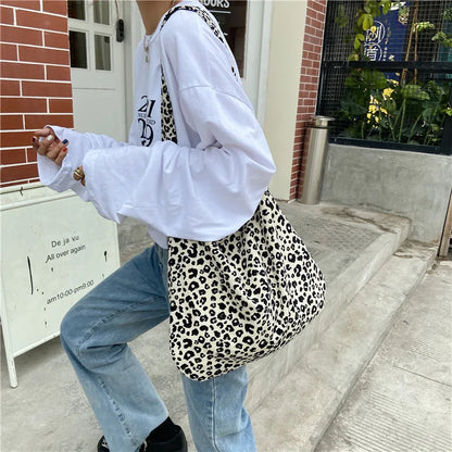 Women's Shoulder Bags Leopard Print Flower Fashionable Trendy Canvas Cross Bags Large Capacity Portable Shopping Shoulder Bags
