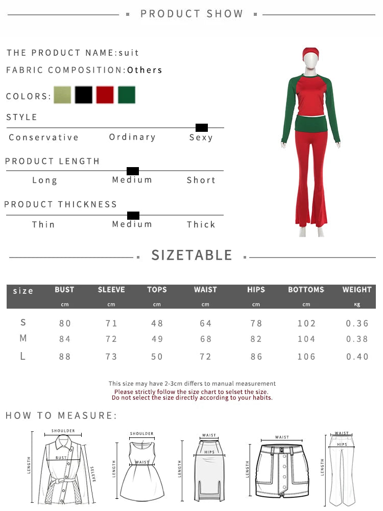 Nibber Christmas Party 2Piece Set Woman Contrast Patchwork o-Neck Full Sleeve Crop Tops+High Waist Long Pant Casual Fashion Suit